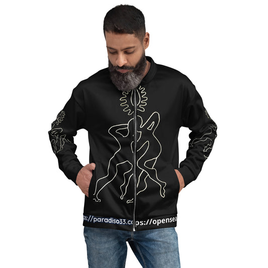 all over print unisex blak bomber jacket art design by paradiso