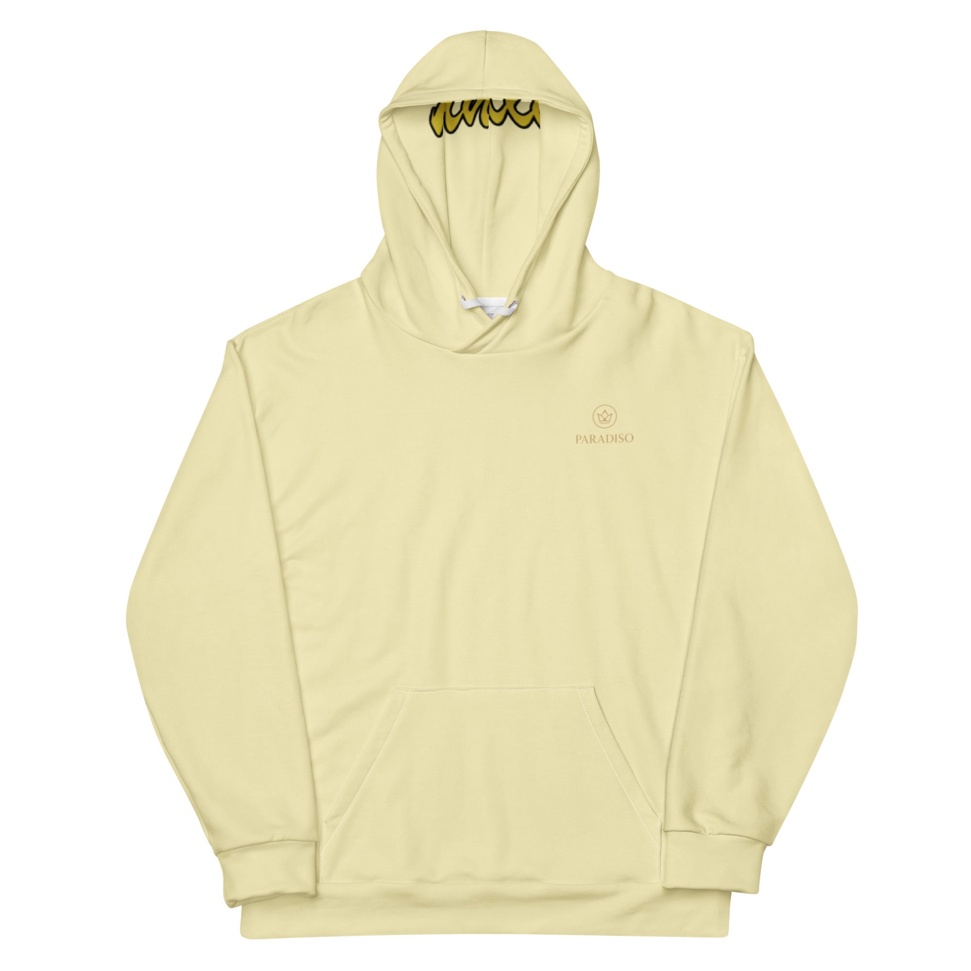 Hoodie in special yellow on the chest gold Paradiso Logo unisex cotton, design by Paradiso OG