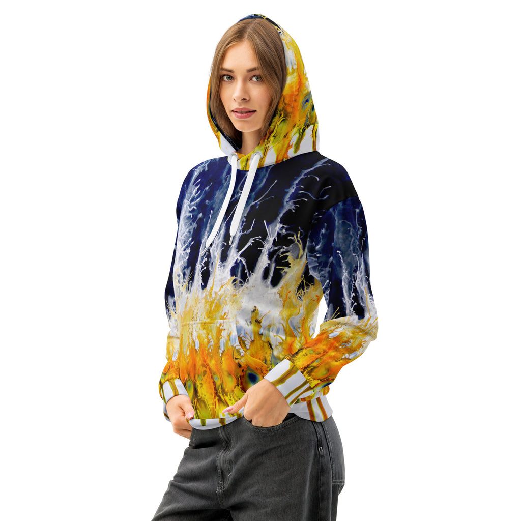 Hoodie unisex, multicolor black, white, yellow and orange, streetwear Art Design by Paradiso OG – High Quality Front Mockup