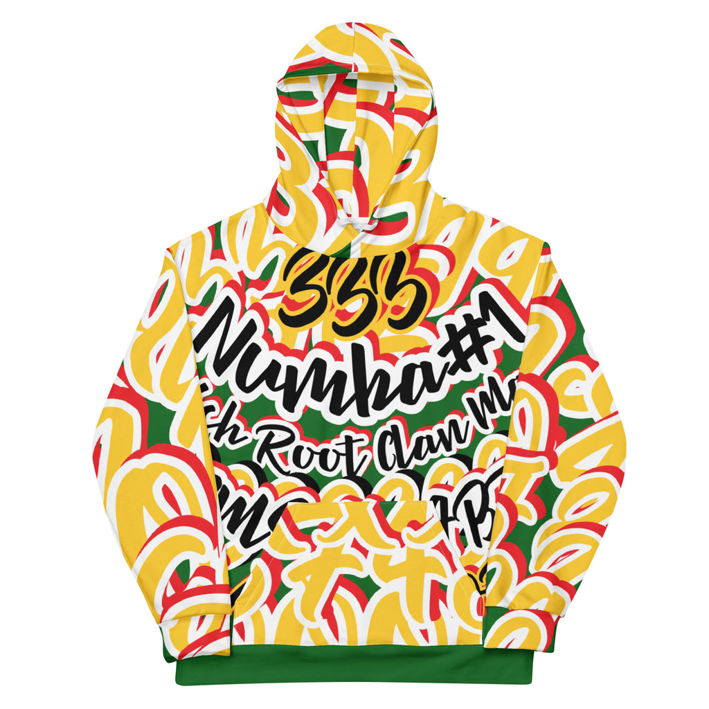 hoodie exclusive unique streetwear style, all over printed gold-yellow, red, green with words and numbers made by paradiso og streetwear brand