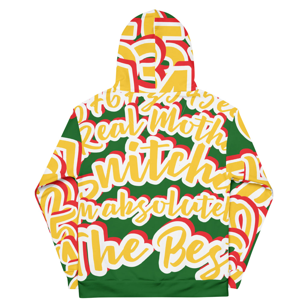 hoodie exclusive unique streetwear style, all over printed gold-yellow, red, green with words and numbers made by paradiso og streetwear brand
