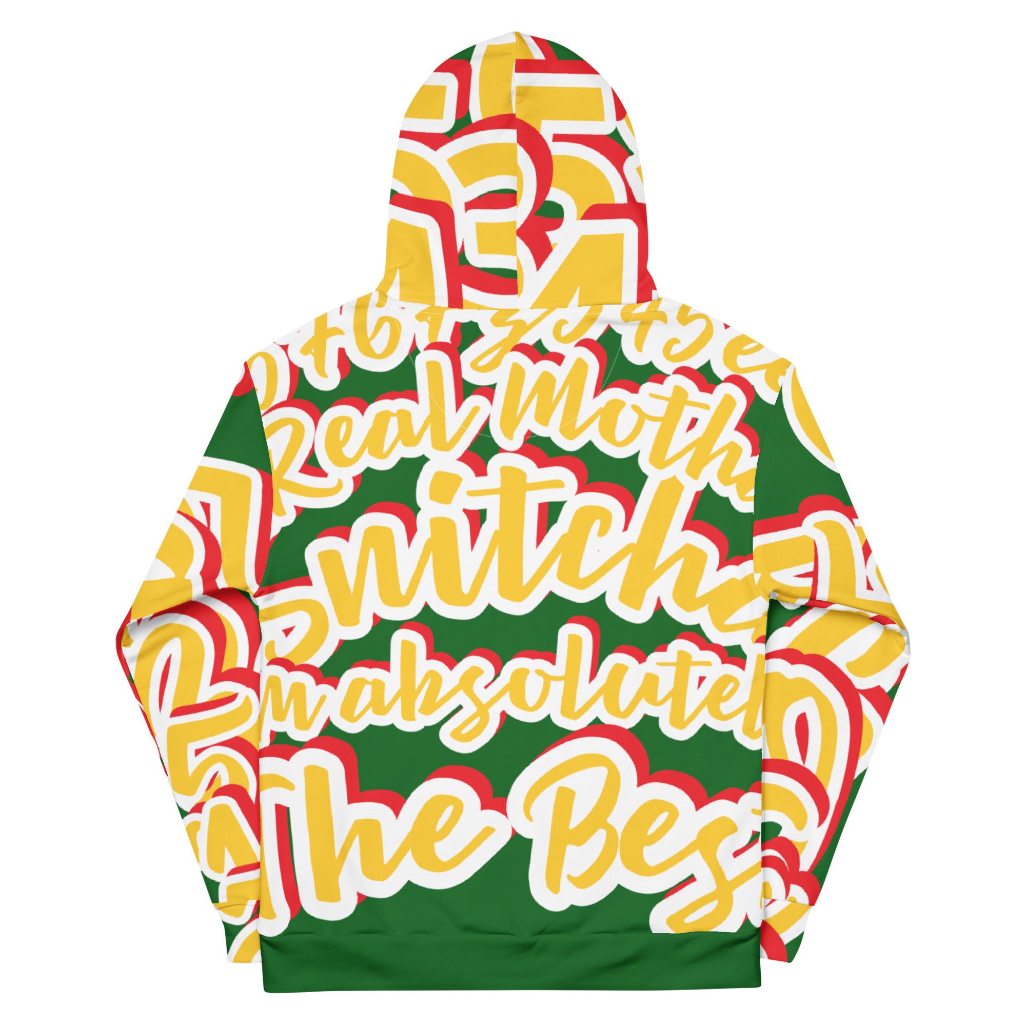 hoodie exclusive unique streetwear style, all over printed gold-yellow, red, green with words and numbers made by paradiso og streetwear brand