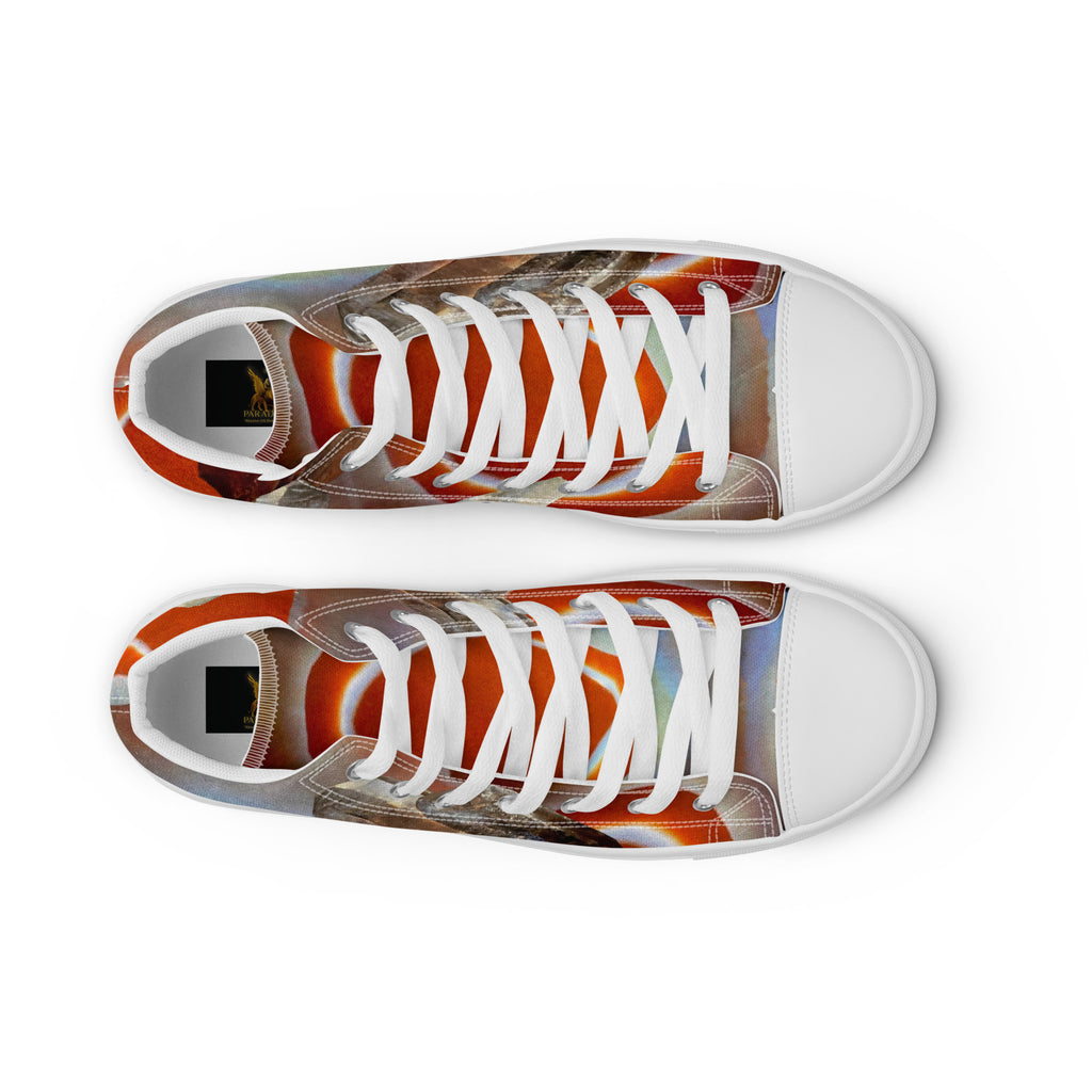 Product mockupSneaker Shoe high top canvas exclusive unique style, all over printed red agate crystal art-design made by paradiso og 