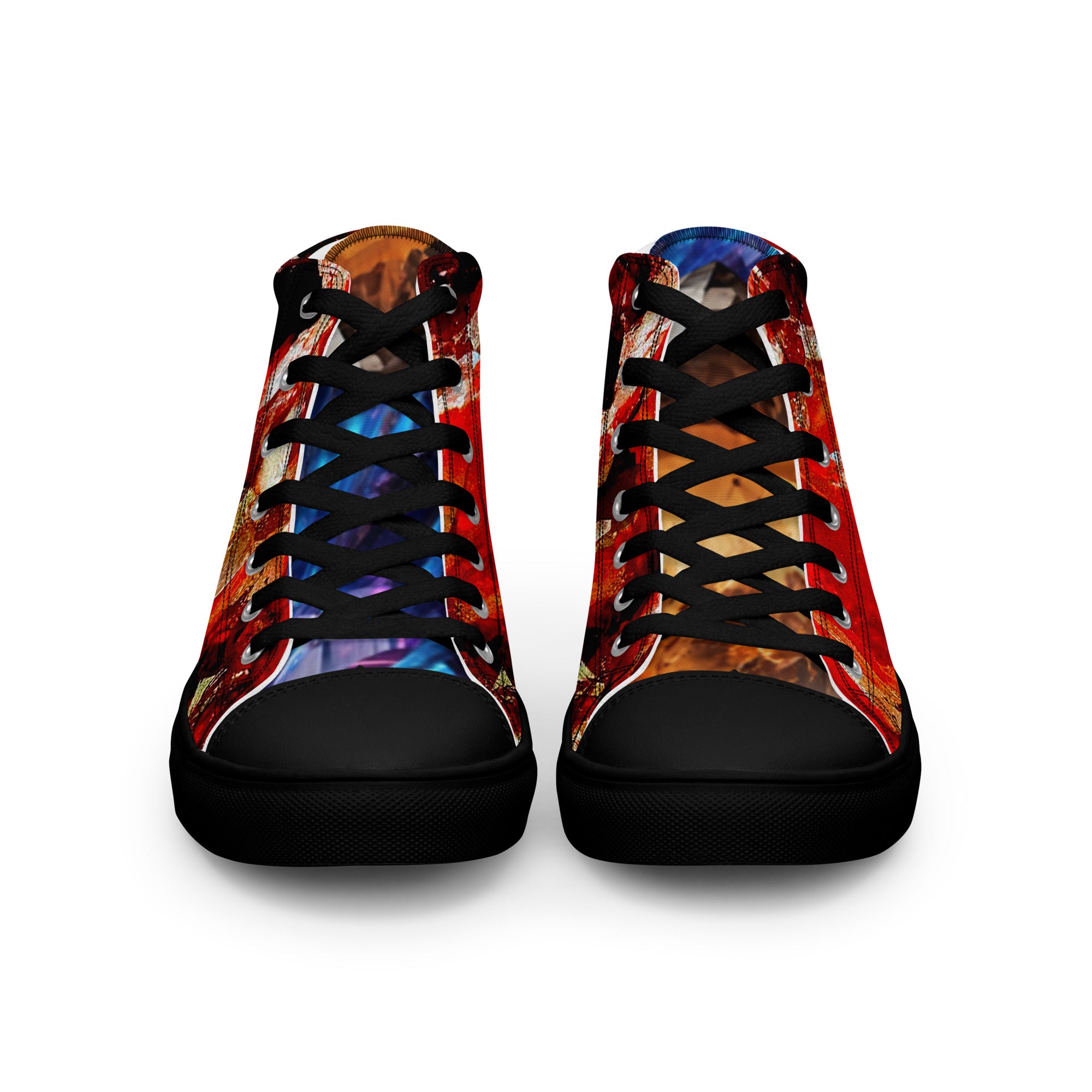 mens Sneaker lace up Shoe high top canvas exclusive unique style, all over printed red, yellow and blue crystal art-design made by paradiso og urban streetwear labeling