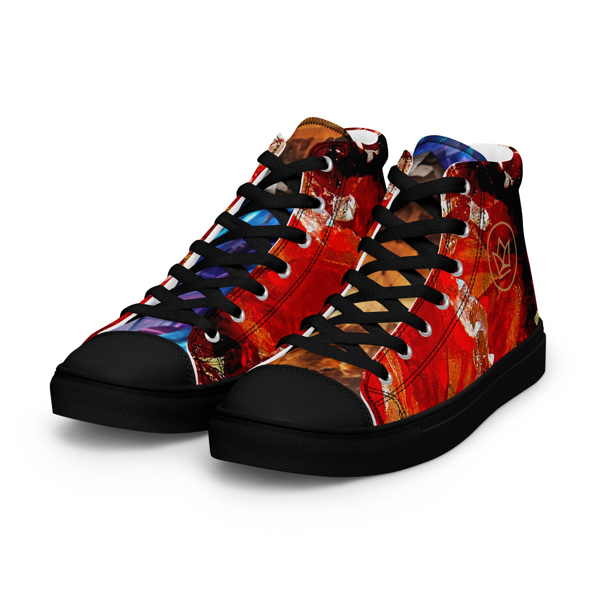 mens Sneaker lace up Shoe high top canvas exclusive unique style, all over printed red, yellow and blue crystal art-design made by paradiso og urban streetwear label