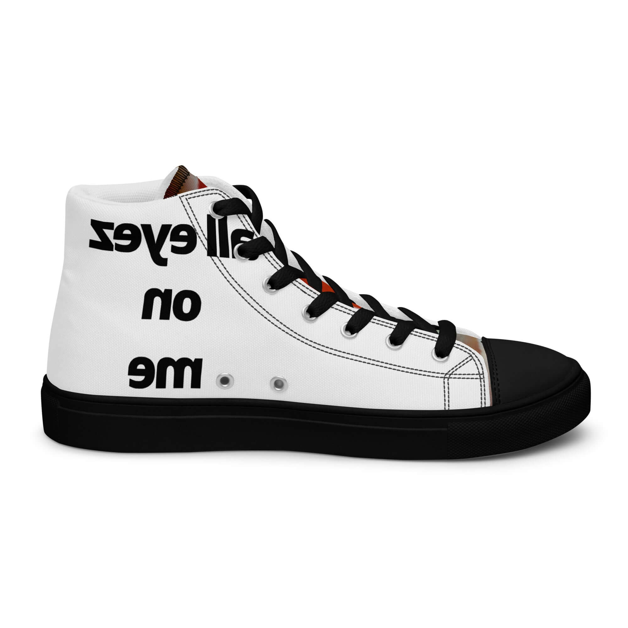 sneaker high top white for men, black all eyez on me design print, red agate crystal, streetwear art design by paradiso og