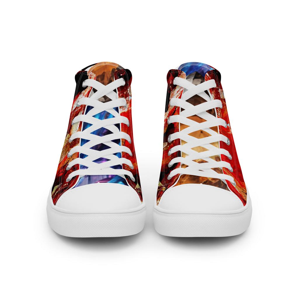 mens Sneaker lace up Shoe high top canvas exclusive unique style, all over printed red, yellow and blue crystal art-design made by paradiso og urban streetwear urban brand