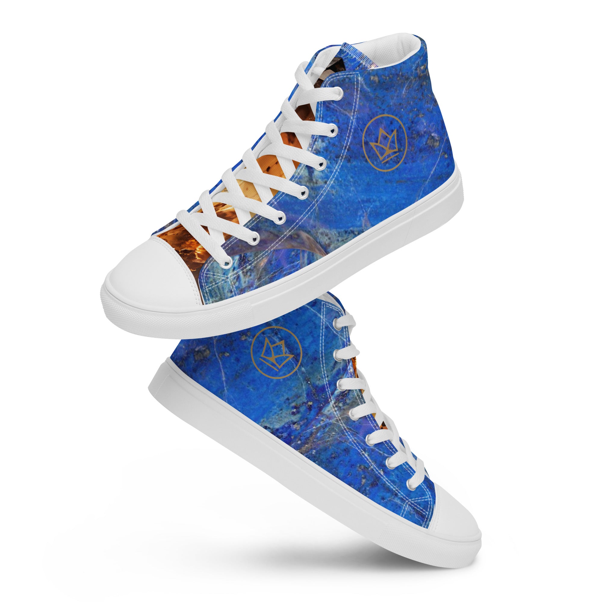 Sneaker Shoe men high top canvas exclusive unique style, all over printed blue Lapis Lazuli and quartz Crystal art-design made by paradiso og urban streetwear label