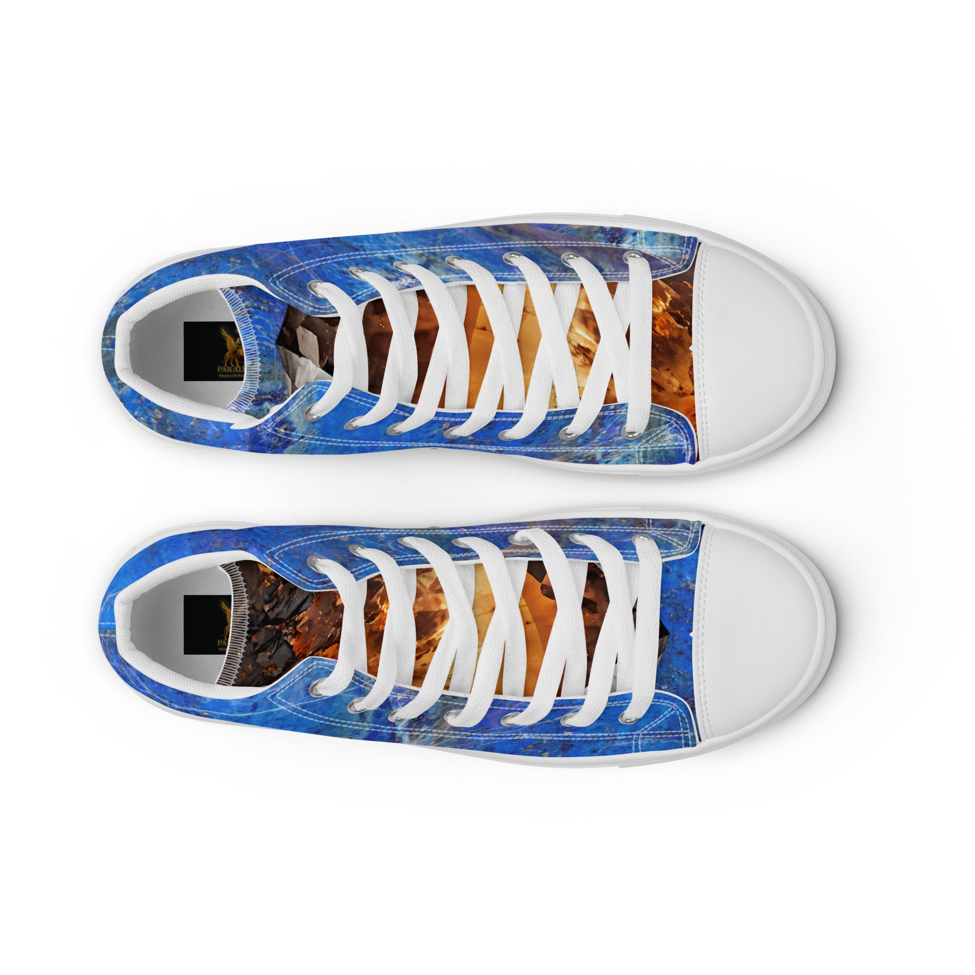 Sneaker Shoe men high top canvas exclusive unique style, all over printed blue lapis lazuli and quartz crystal art-design made by paradiso og urban streetwear label