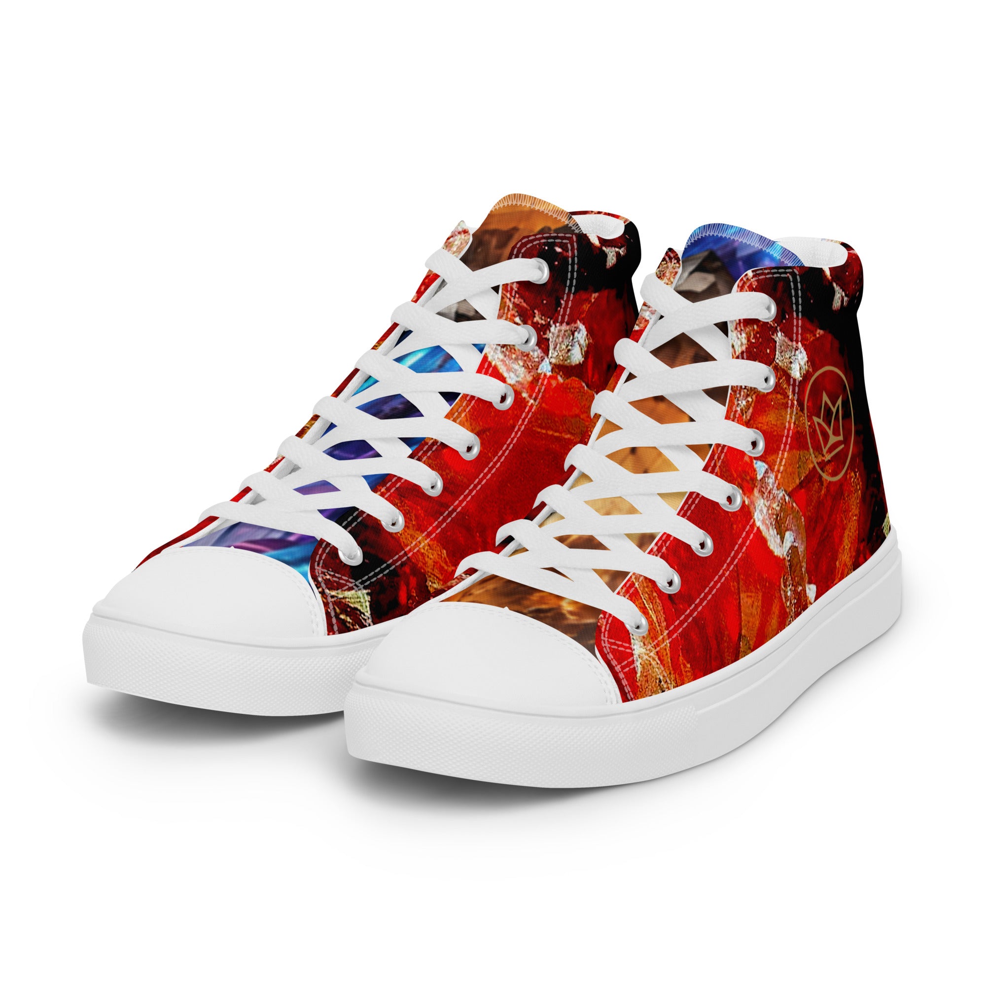 mens Sneaker lace up Shoe high top canvas exclusive unique style, all over printed red, yellow and blue crystal art-design made by paradiso og urban streetwear brand