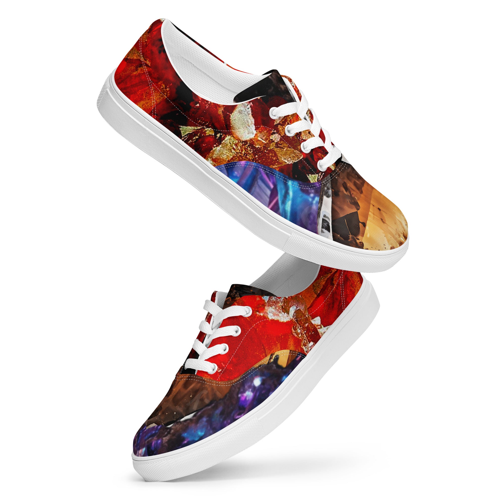 mens Sneaker lace up Shoe high top canvas exclusive unique style, all over printed red, yellow and blue crystal art-design made by paradiso og urban streetwear label