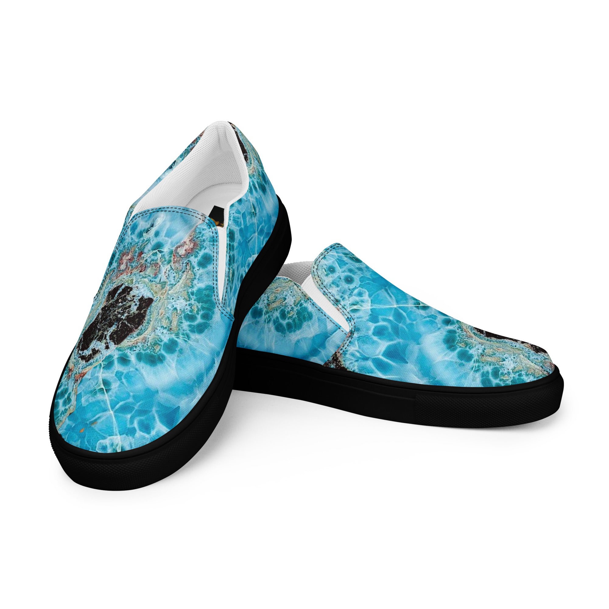 mens slip on canvas Shoe white exclusive unique style, all over printed larimar crystal art-design made by paradiso og urban streetwear label