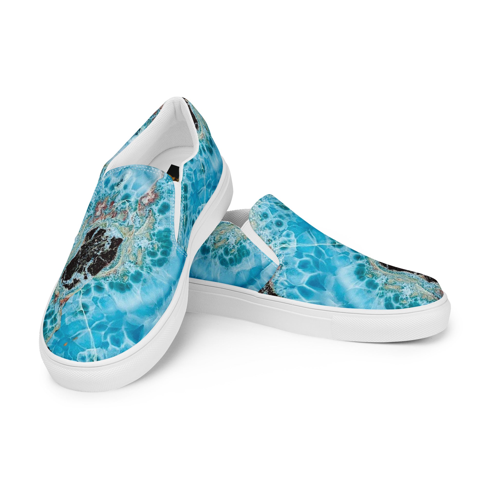mens slip on canvas Shoe white exclusive unique style, all over printed larimar crystal art-design made by paradiso og urban streetwear label