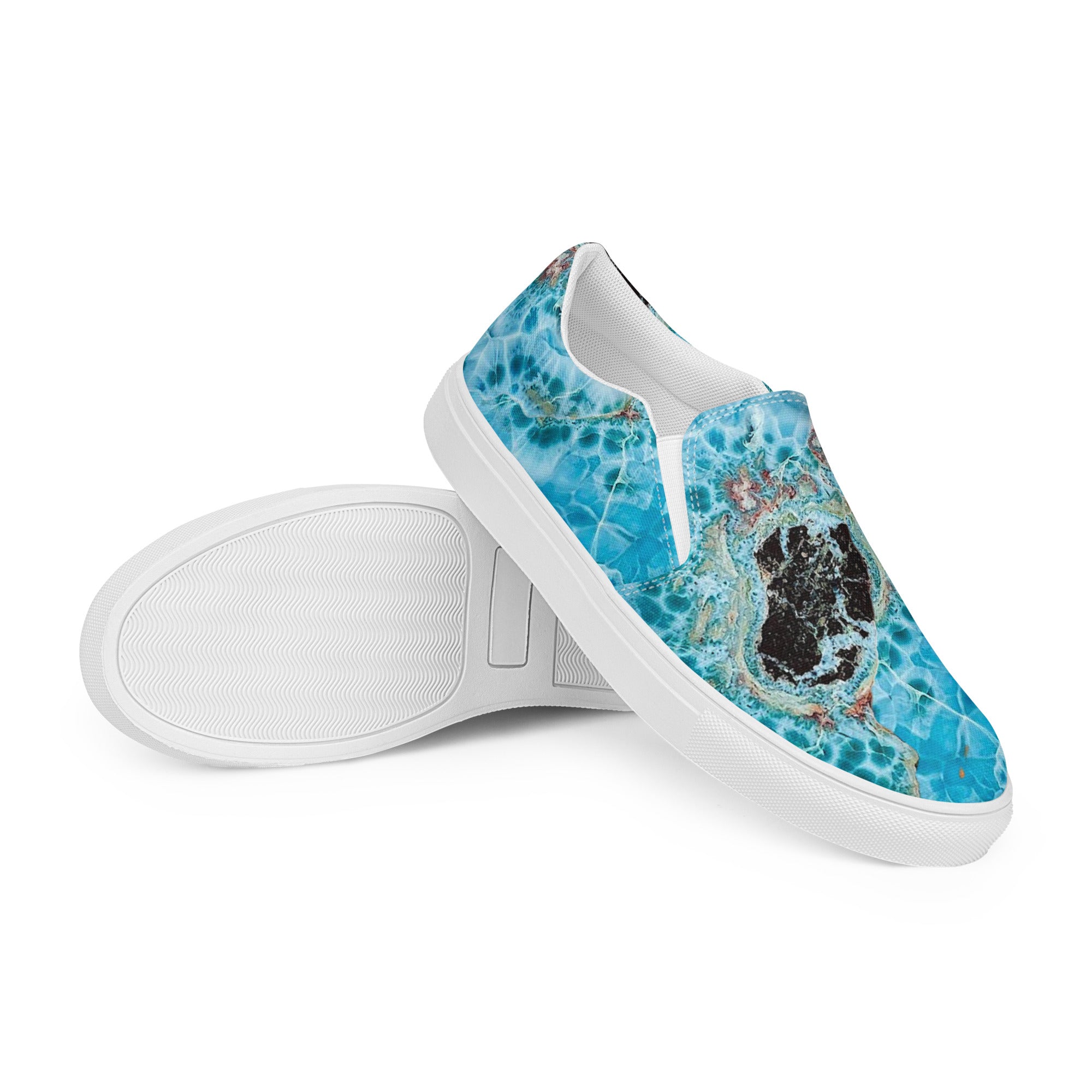 mens slip on canvas Shoe white exclusive unique style, all over printed larimar crystal art-design made by paradiso og urban streetwear label