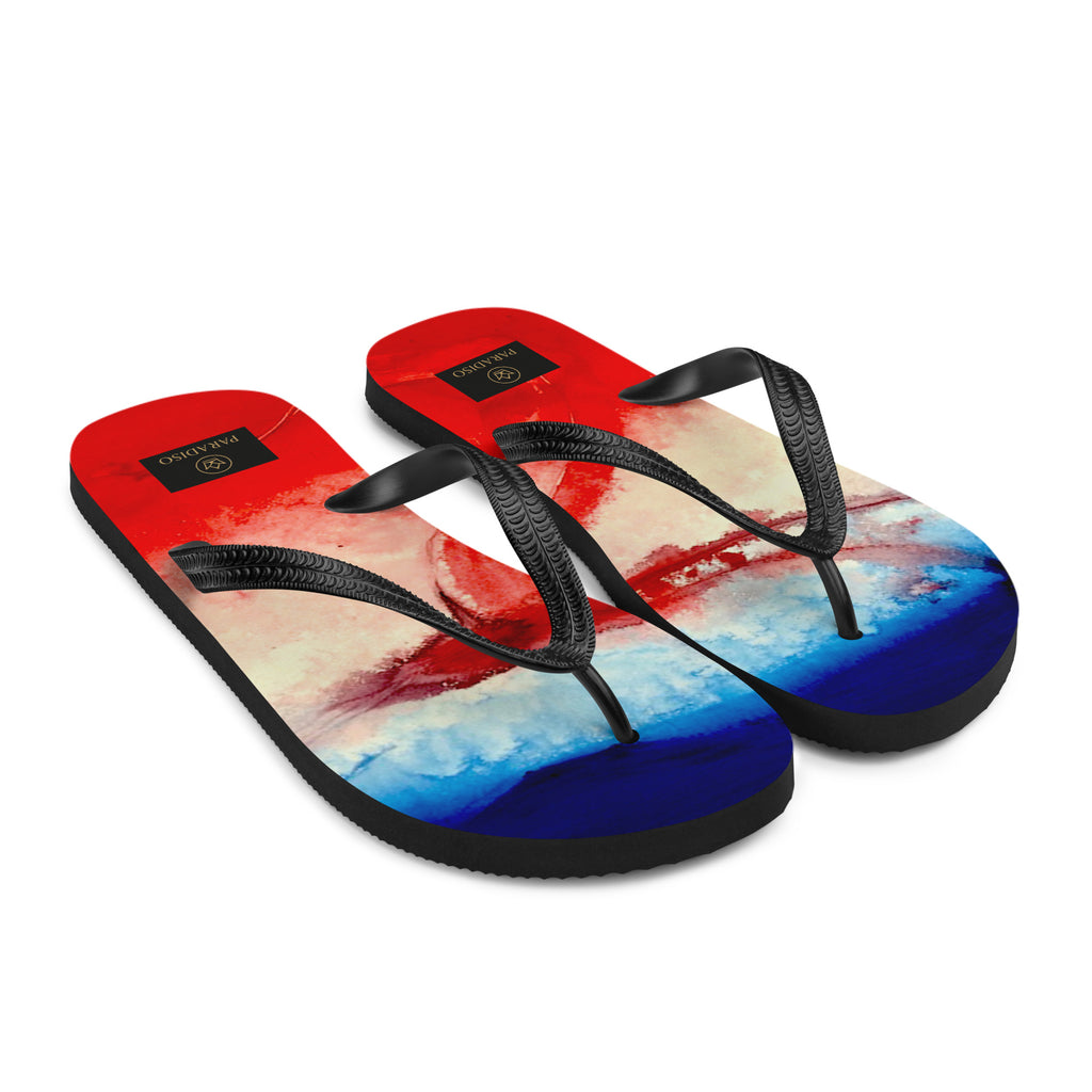 slippers, flip flops red, white and blue, exclusive, rare and stylish art expression welcome in art print, unisex, design by Paradiso OG