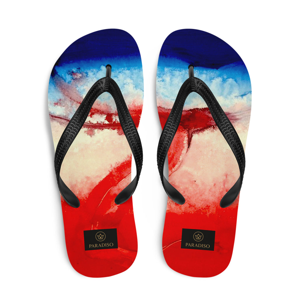 slippers, flip flops red, white and blue, exclusive, rare and stylish art expression welcome in art print, unisex, design Paradiso OG
