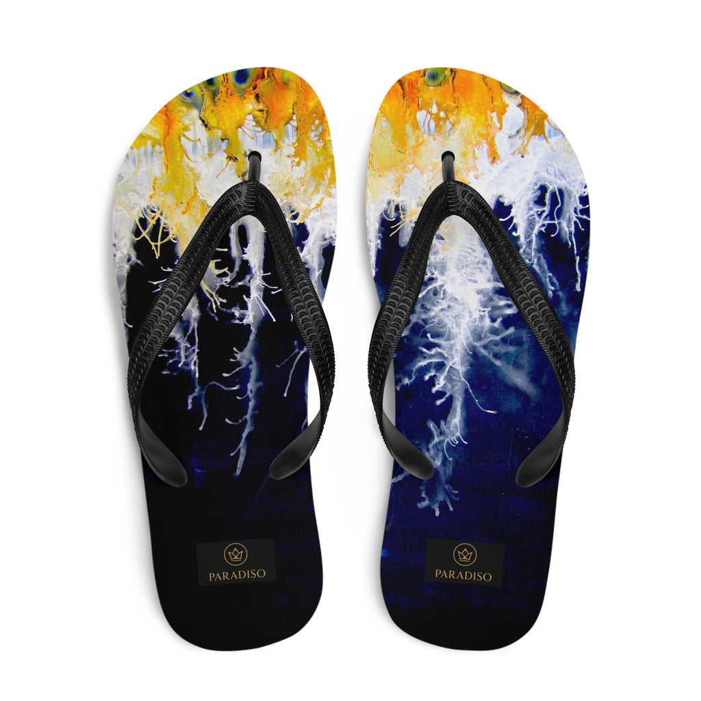 slippers, flip flops yellow, white and black, exclusive, rare and stylish art expression on o is art print, unisex, design Paradiso OG