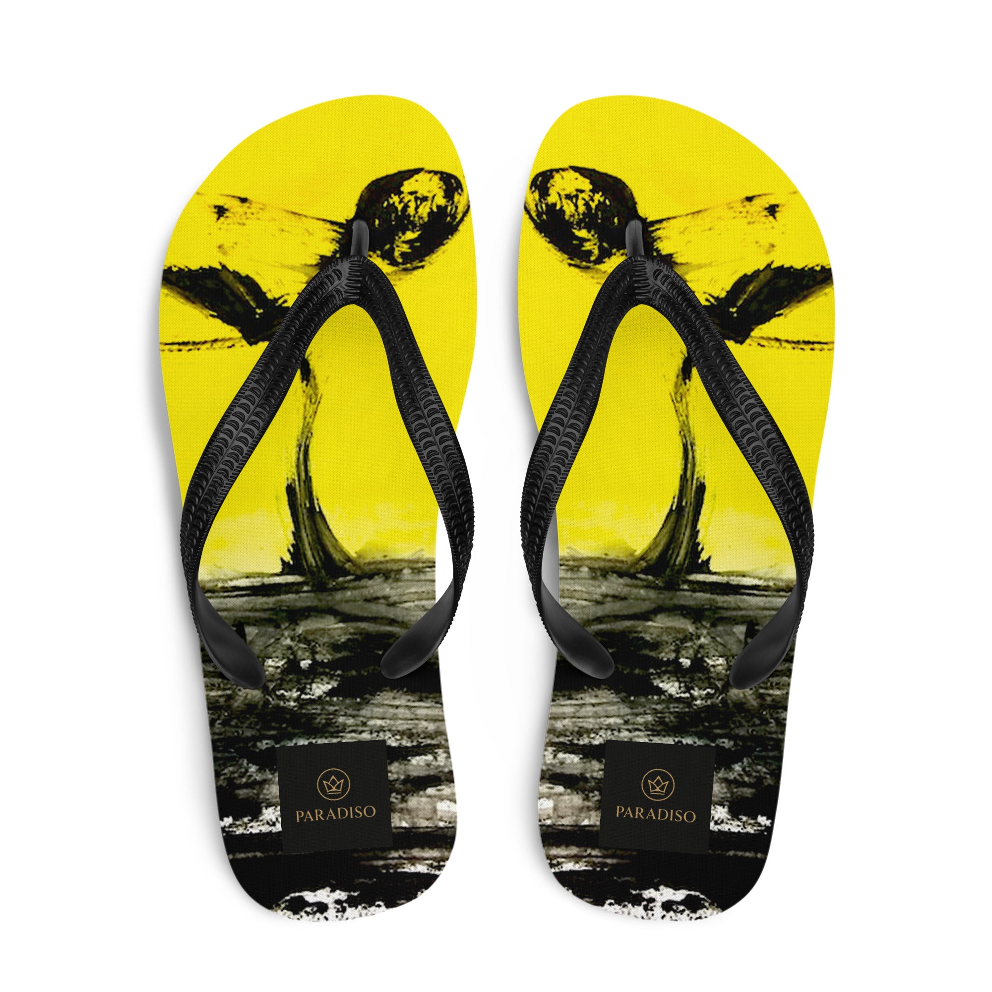 slippers, flip flops yellow and black, unique, rare and stylish art expression black lives matter art print, unisex, design by Paradiso OG