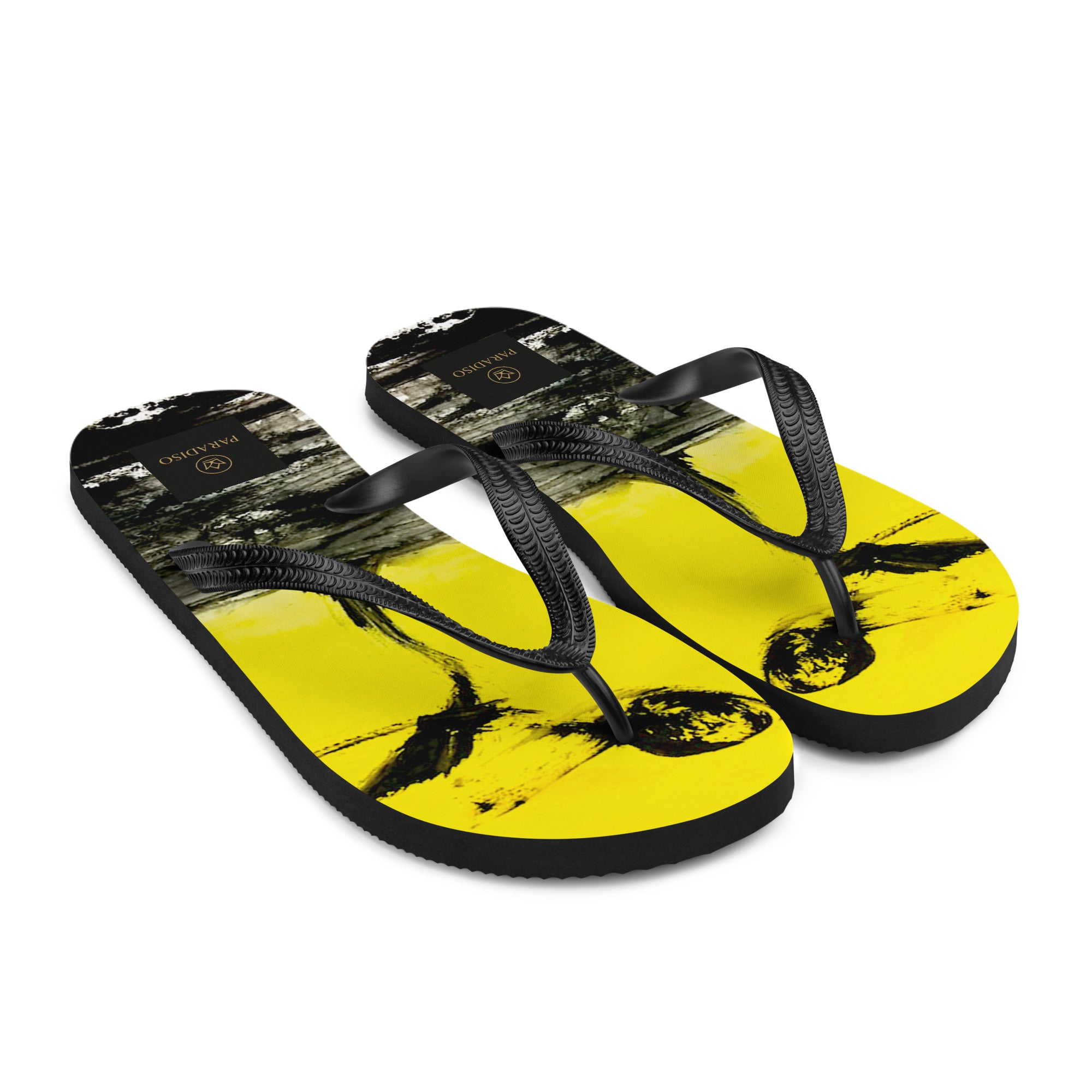 slippers, flip flops yellow and black, exclusive, rare and stylish art expression black lives matter art print, unisex, design by Paradiso OG