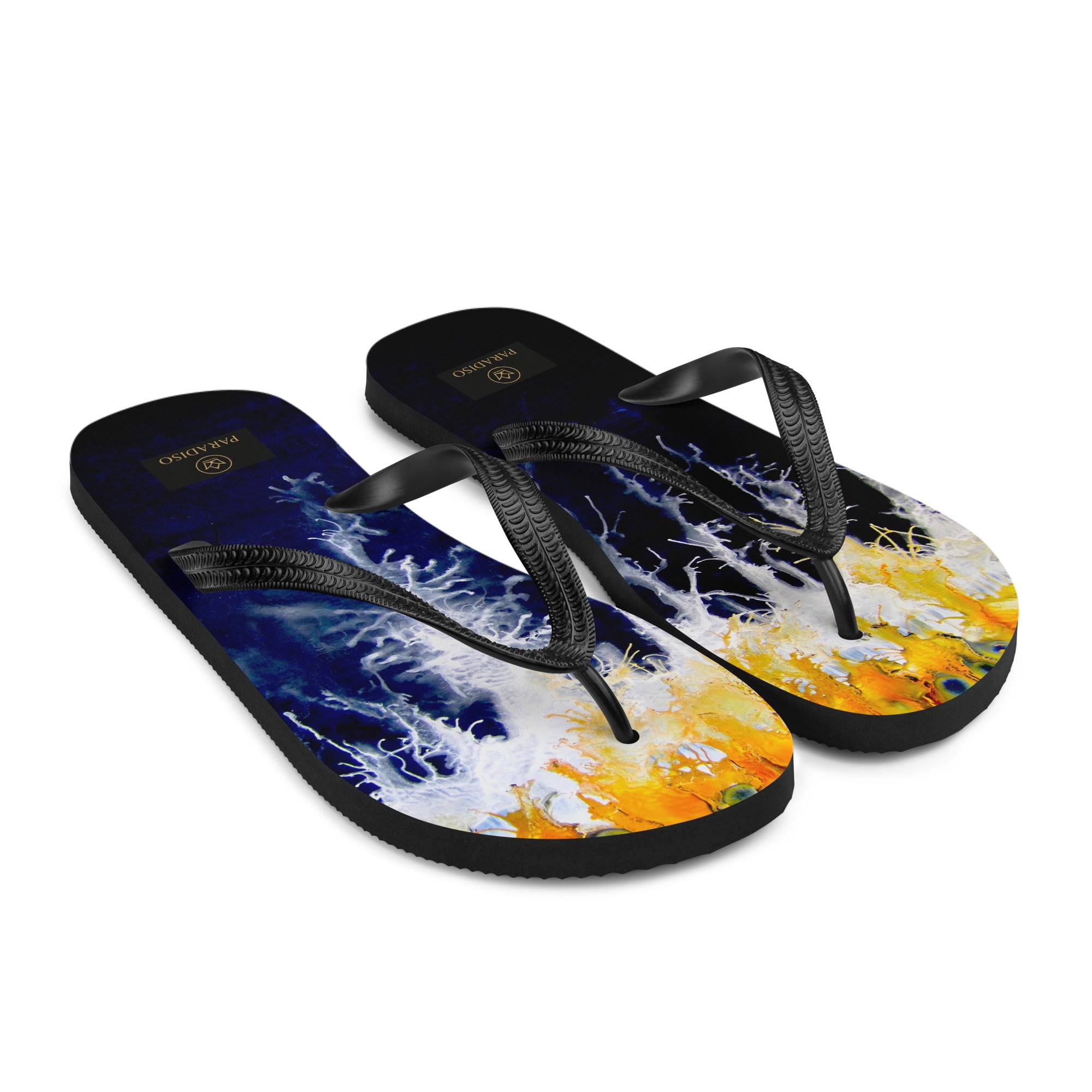 slippers, flip flops yellow , white and black, exclusive, rare and stylish art expression on o is art print, unisex, design by Paradiso OG