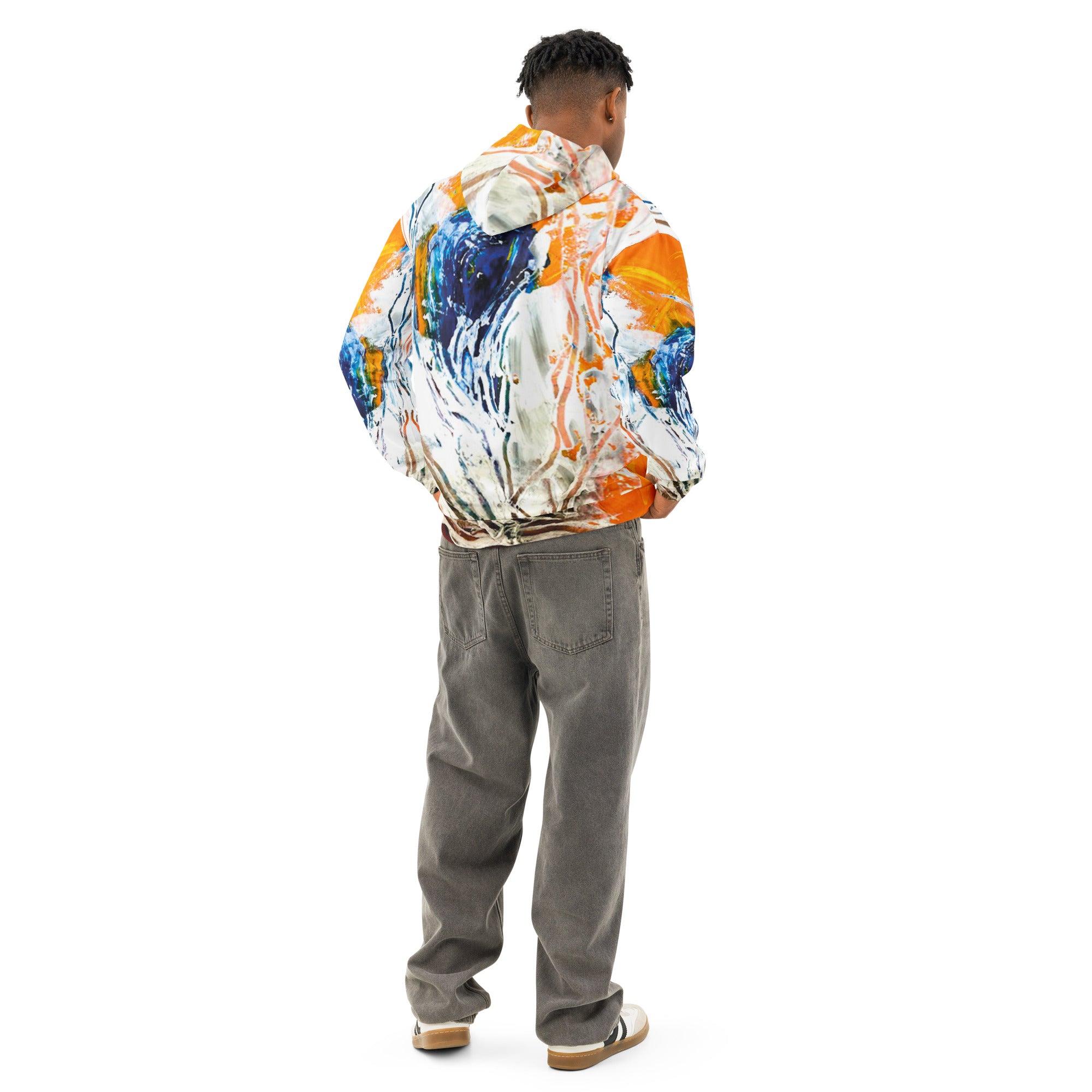 Hoodie exclusive with art expression, orange, blue and white uprise all over print, unisex cotton, design by Paradiso OG