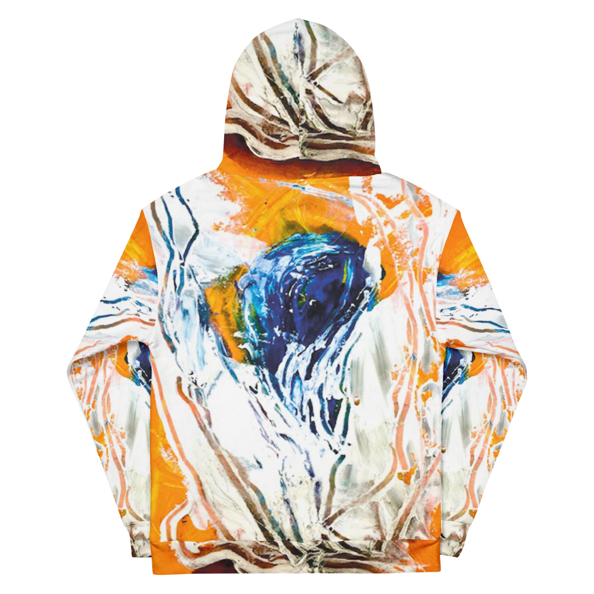 Hoodie exclusive colorful with art expression, orange, blue and white uprise all over print, unisex cotton, design by Paradiso OG