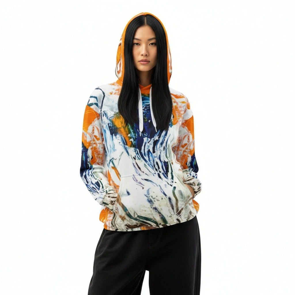 Hoodie exclusive colorful with art expression, orange, blue and white uprise all over print, unisex cotton, design by Paradiso OG, Asien-model Anouk