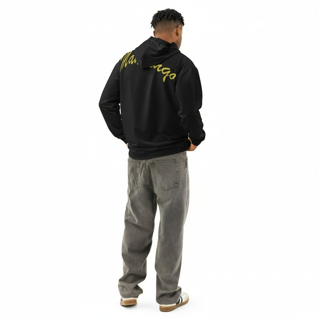 Hoodie in special black on the back gold-yellow Mandingo lettering, unisex, cotton, design by Paradiso OG