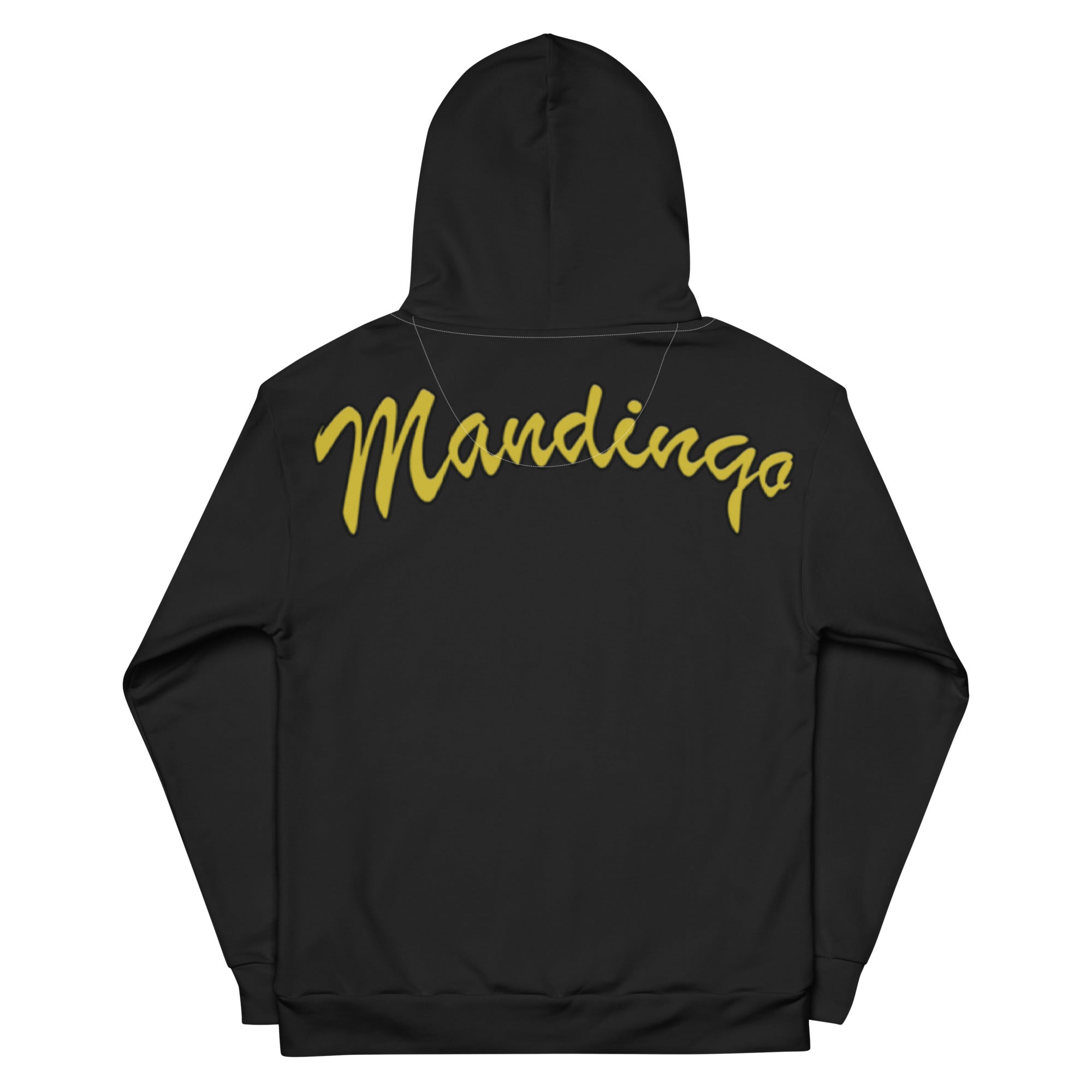 Hoodie in special black on the back gold-yellow Mandingo lettering unisex cotton art, design by Paradiso OG