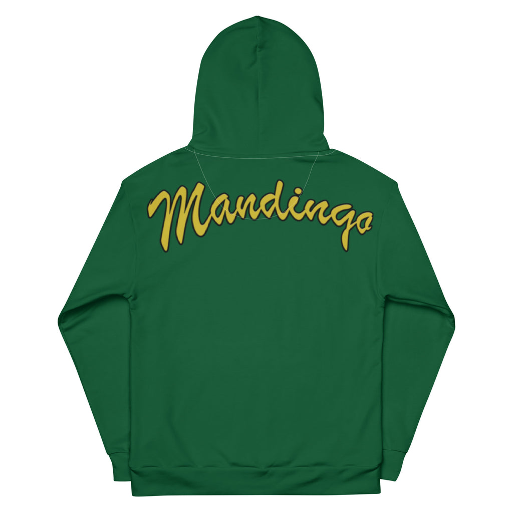 Hoodie in special green on the back gold-yellow Mandingo lettering unisex cotton art, design by Paradiso OG