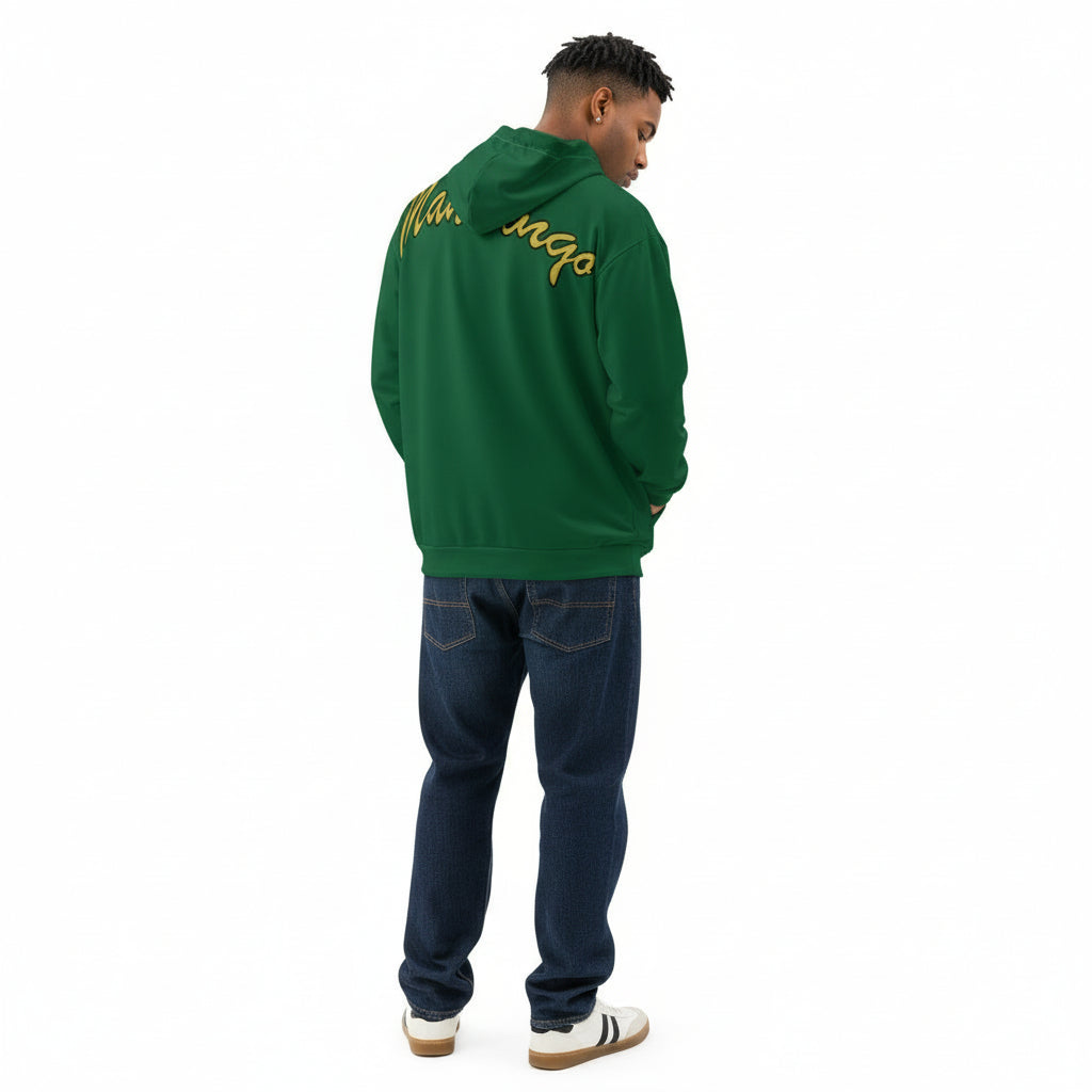 Hoodie in special green on the back gold-yellow Mandingo lettering unisex cotton art, design by Paradiso OG