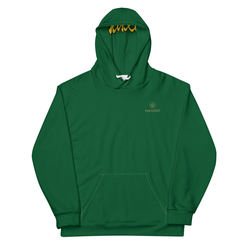 Hoodie in special green on the chest gold logo unisex cotton art, design by Paradiso OG