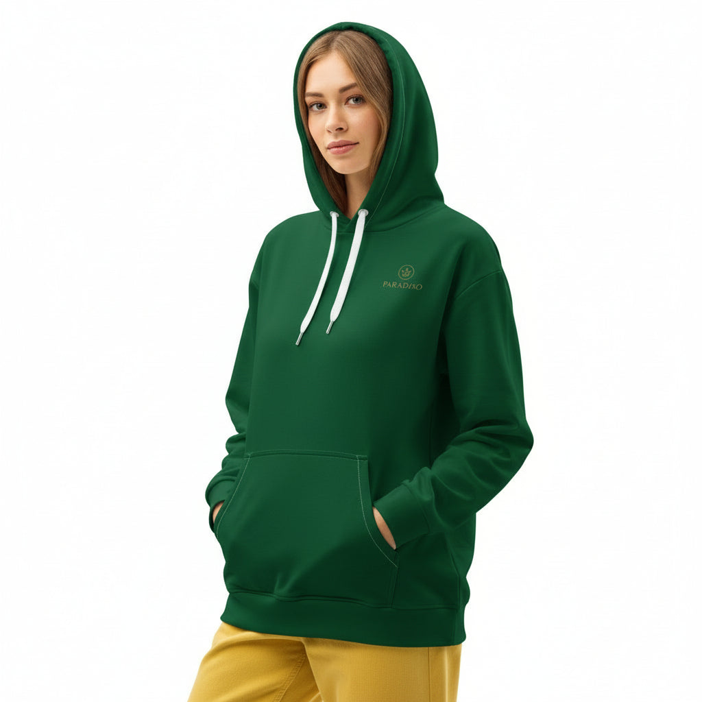 Hoodie in special green on the chest gold Logo, unisex cotton, design by Paradiso OG