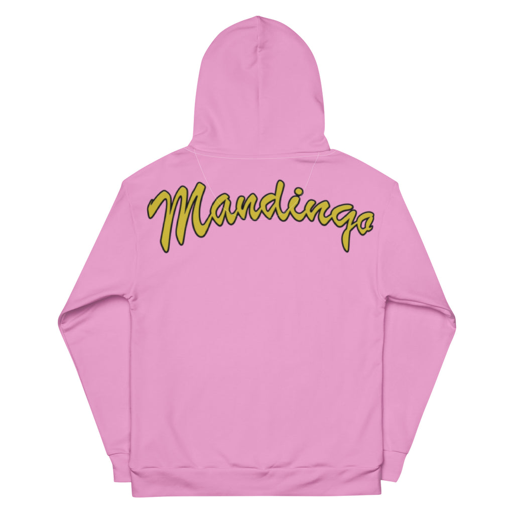 Hoodie in special pink on the back gold-yellow Mandingo lettering unisex cotton art, design by Paradiso OG
