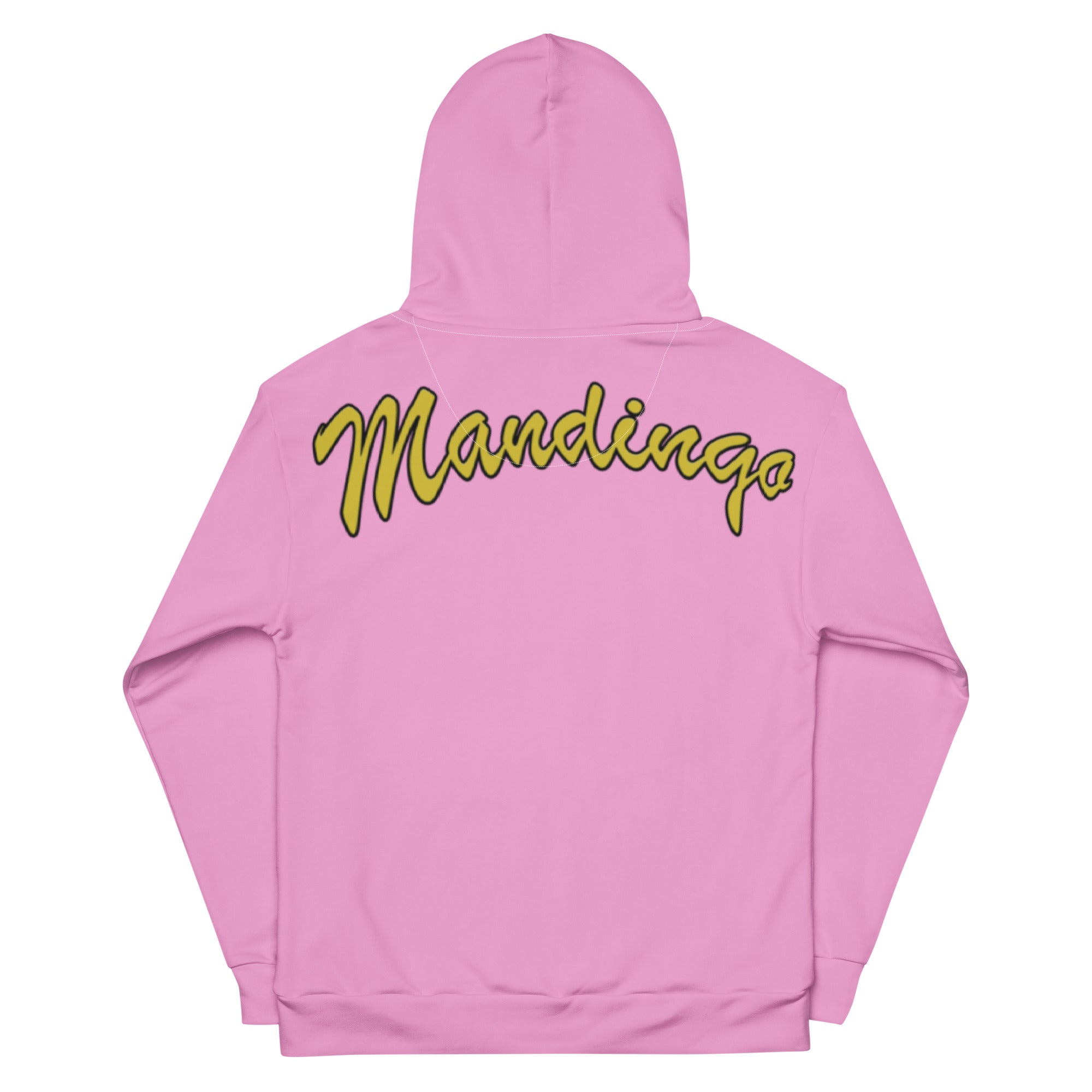 Hoodie in special pink on the back gold-yellow Mandingo lettering unisex cotton art, design by Paradiso OG