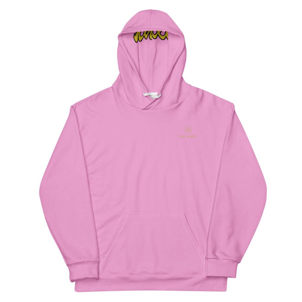Hoodie in special pink on the chest gold logo, unisex cotton art, design by Paradiso OG