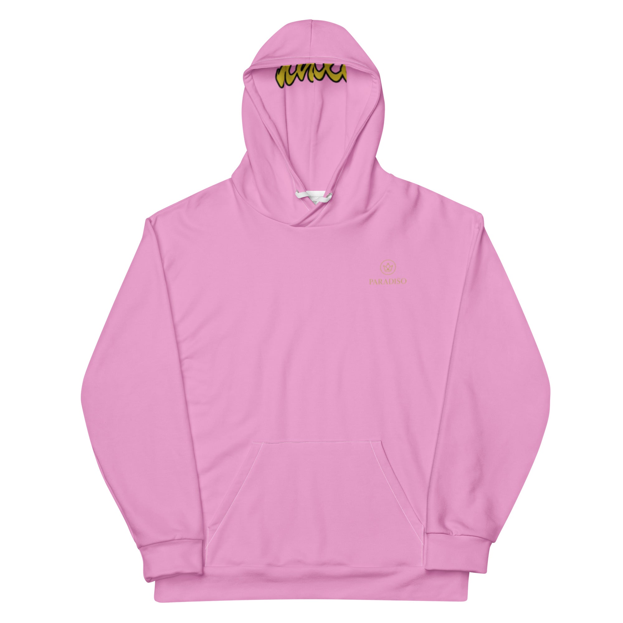 Hoodie in special pink on the chest gold logo, unisex cotton art, design by Paradiso OG