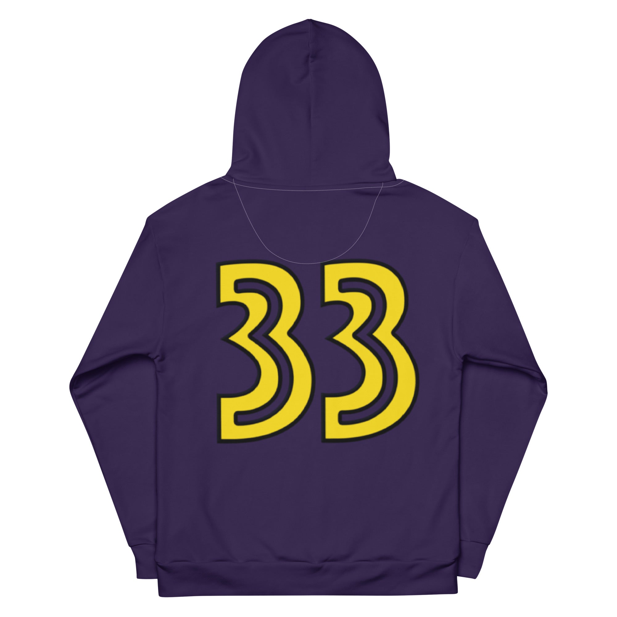 Hoodie in special purple on the back yellow 33 lettering unisex cotton, design by Paradiso OG