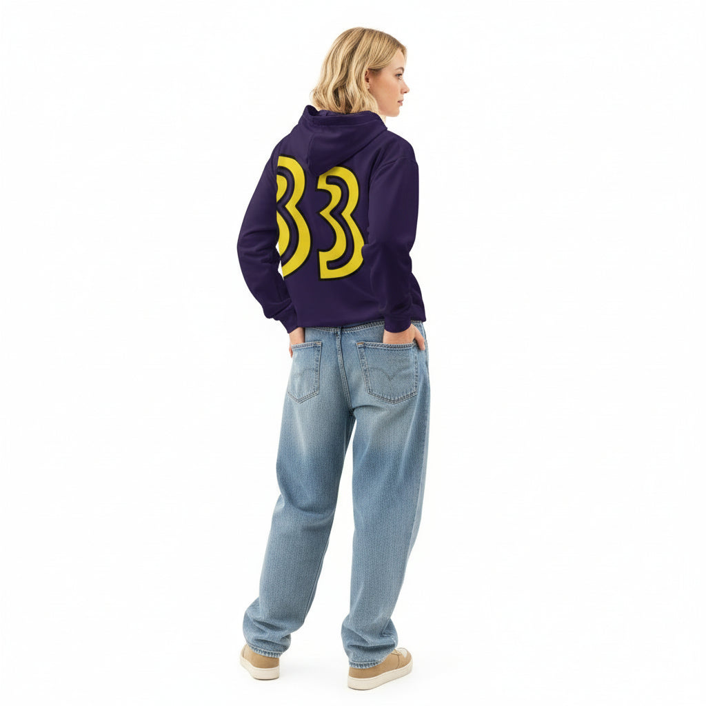 Hoodie in special purple on the back yellow 33 number, unisex cotton, design by Paradiso OG