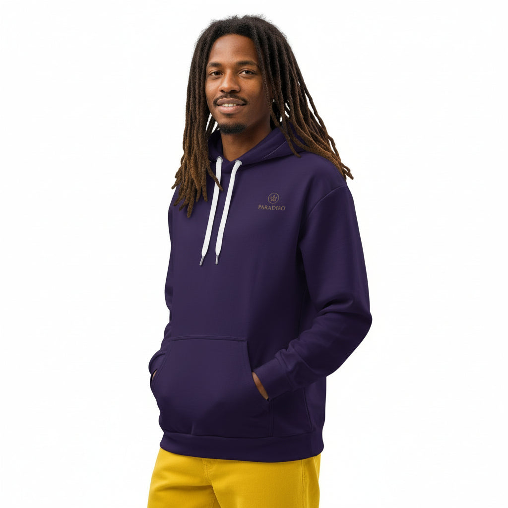 Hoodie in special purple, on the chest gold logo, unisex cotton, design by Paradiso OG