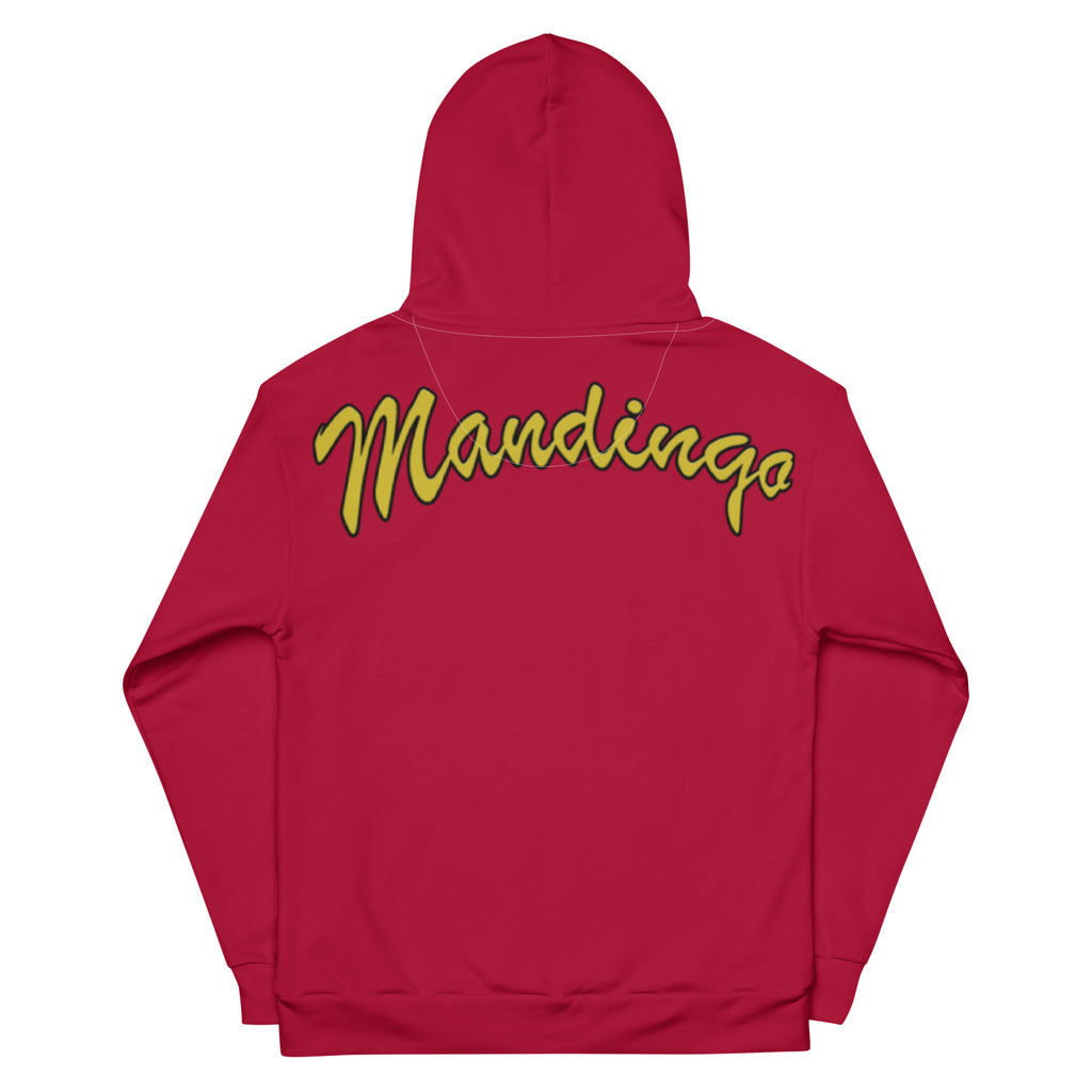 Hoodie in special red on the back gold-yellow Mandingo lettering unisex cotton art, design by Paradiso OG