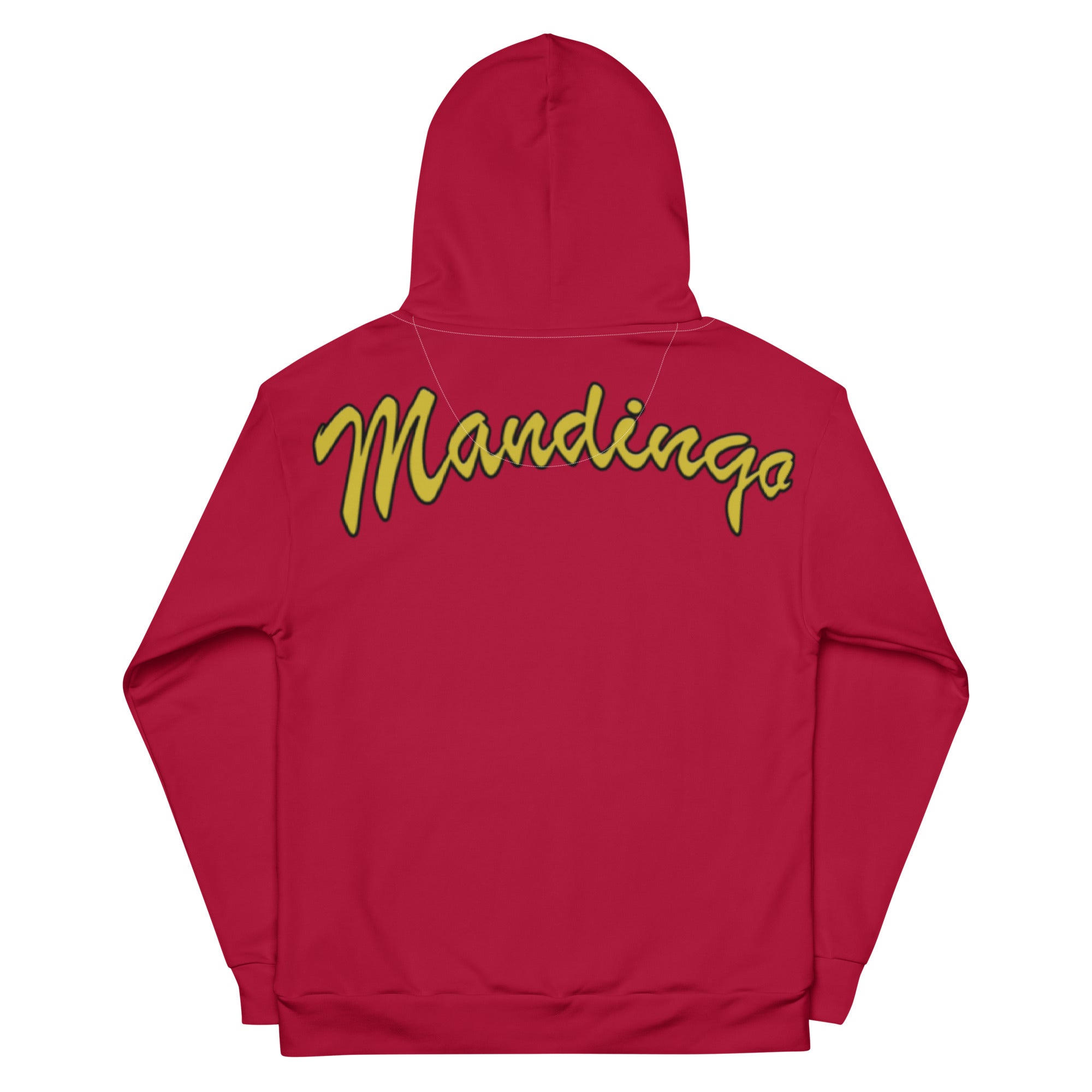 Hoodie in special red on the back gold-yellow Mandingo lettering unisex cotton art, design by Paradiso OG