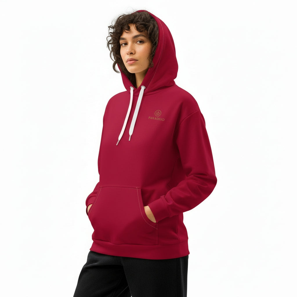 Hoodie in special red on the chest gold Paradiso Logo unisex cotton design by Paradiso OG