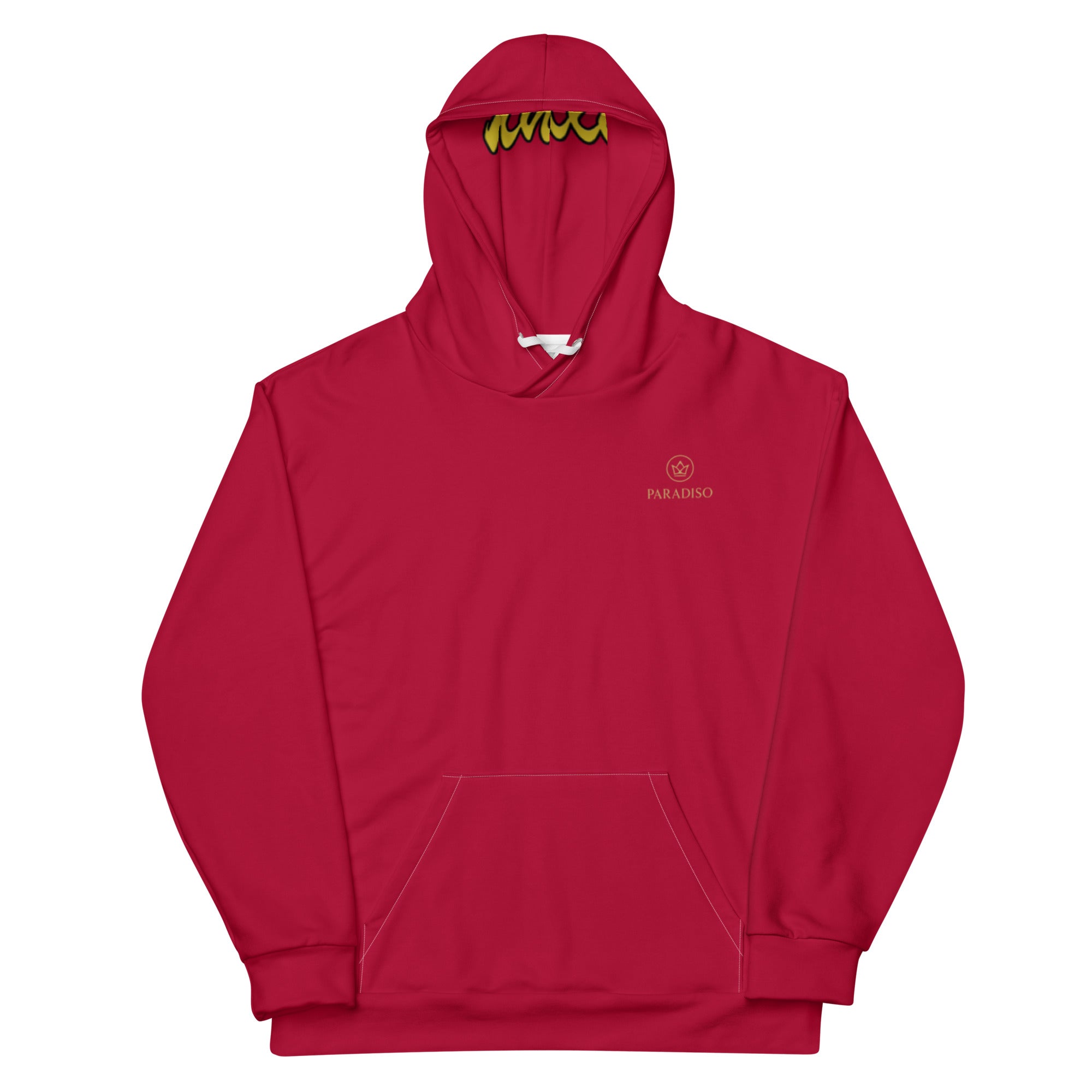 Hoodie in special red on the chest gold Paradiso Logo unisex cotton art, design by Paradiso OG