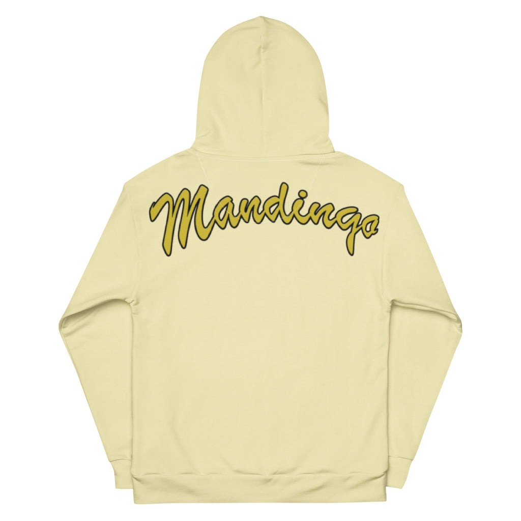 Hoodie in special yellow on the back gold-yellow Mandingo lettering unisex cotton art, design by Paradiso OG