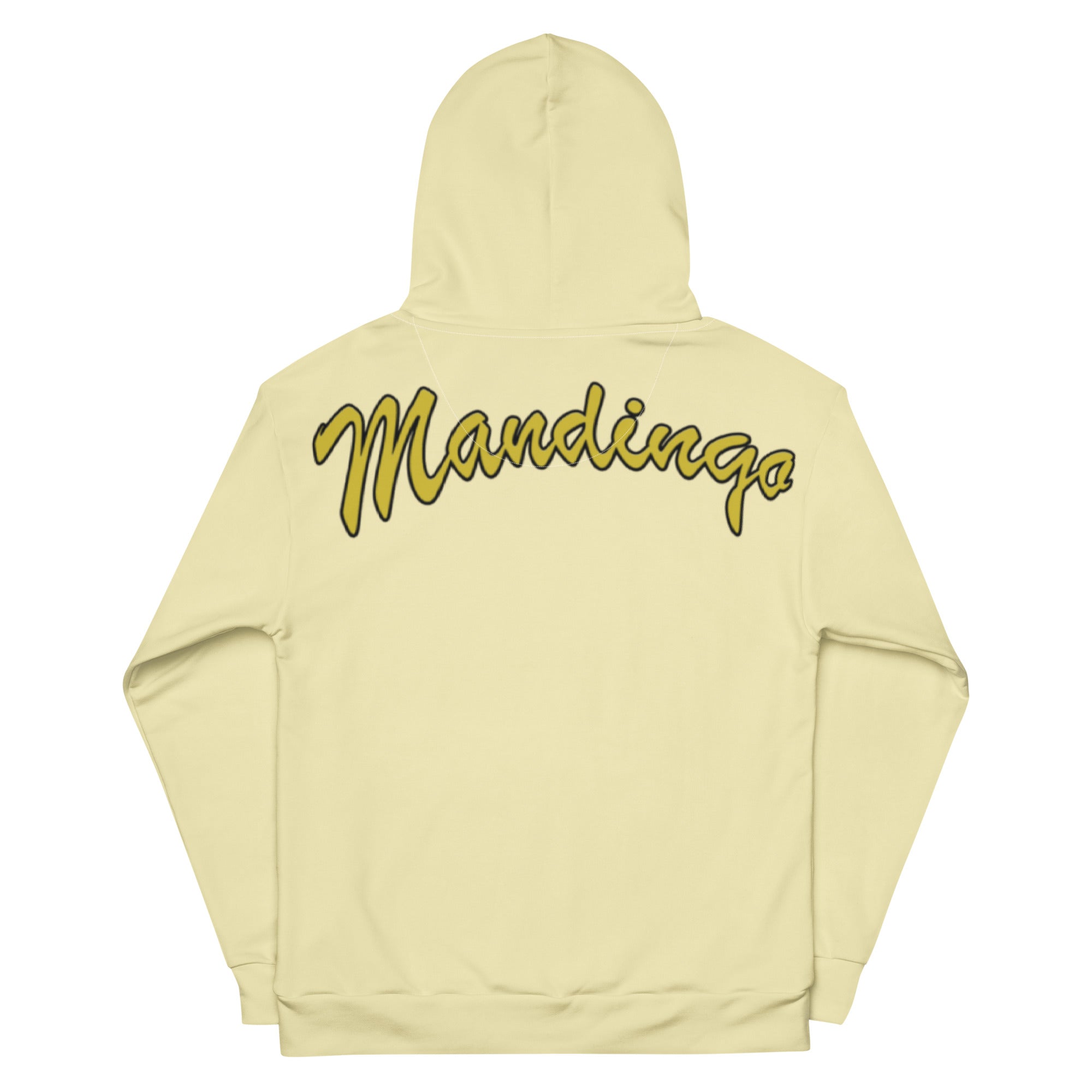 Hoodie in special yellow on the back gold-yellow Mandingo lettering unisex cotton art, design by Paradiso OG