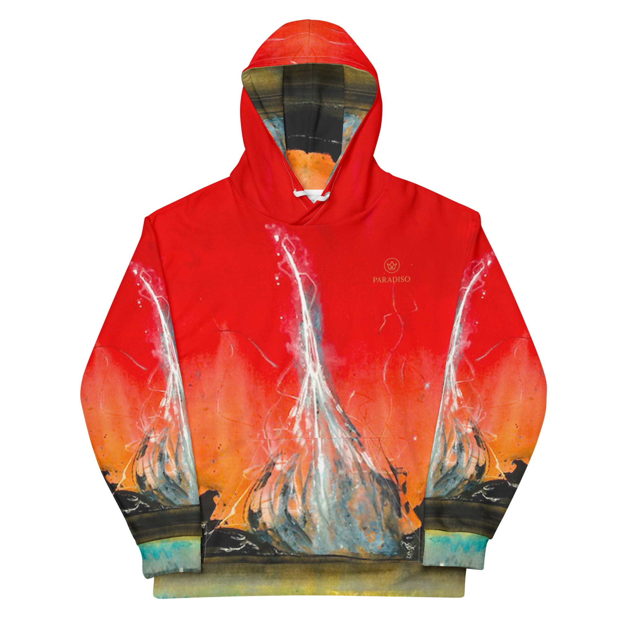 Hoodie in special red with unique art expression on point artwork, unisex cotton, art-design by Paradiso OG