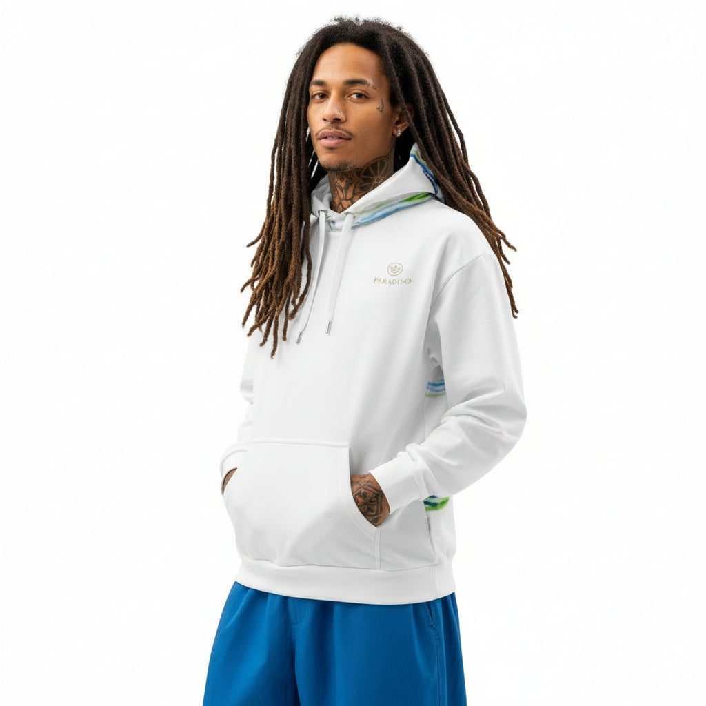 Hoodie white, exclusive, rare and stylish art expression on back and hood, surfing blue, white, yellow and red art print, unisex cotton, design by Paradiso OG