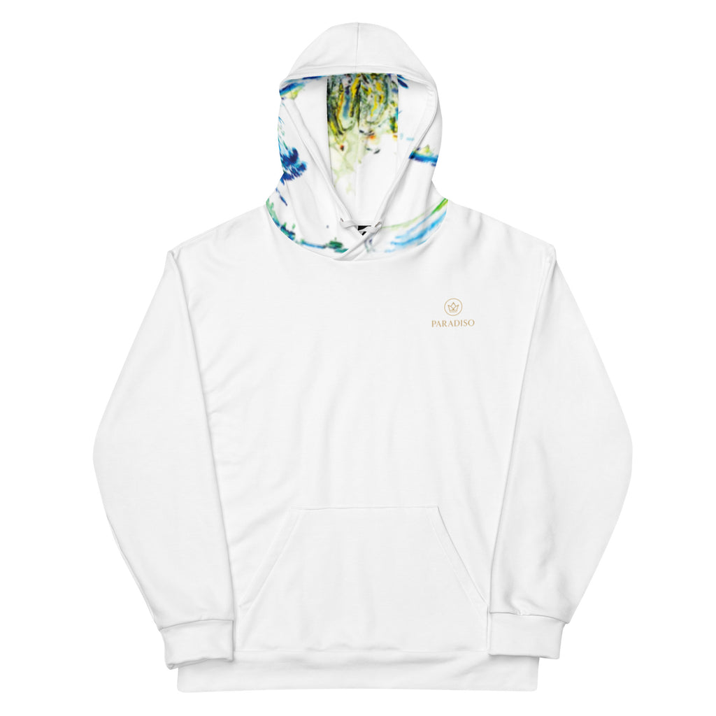 Hoodie white, exclusive, rare, fresh and stylish art expression on back and hood, surfing blue, white, yellow and red art print, unisex cotton, design by Paradiso OG