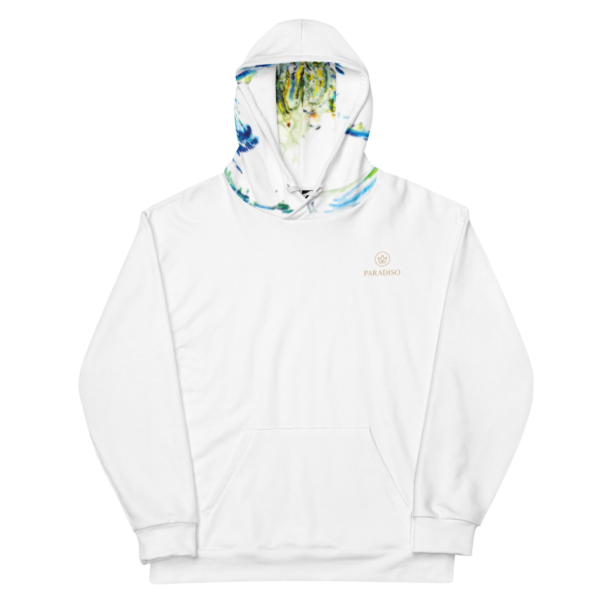 Hoodie white, exclusive, rare, fresh and stylish art expression on back and hood, surfing blue, white, yellow and red art print, unisex cotton, design by Paradiso OG